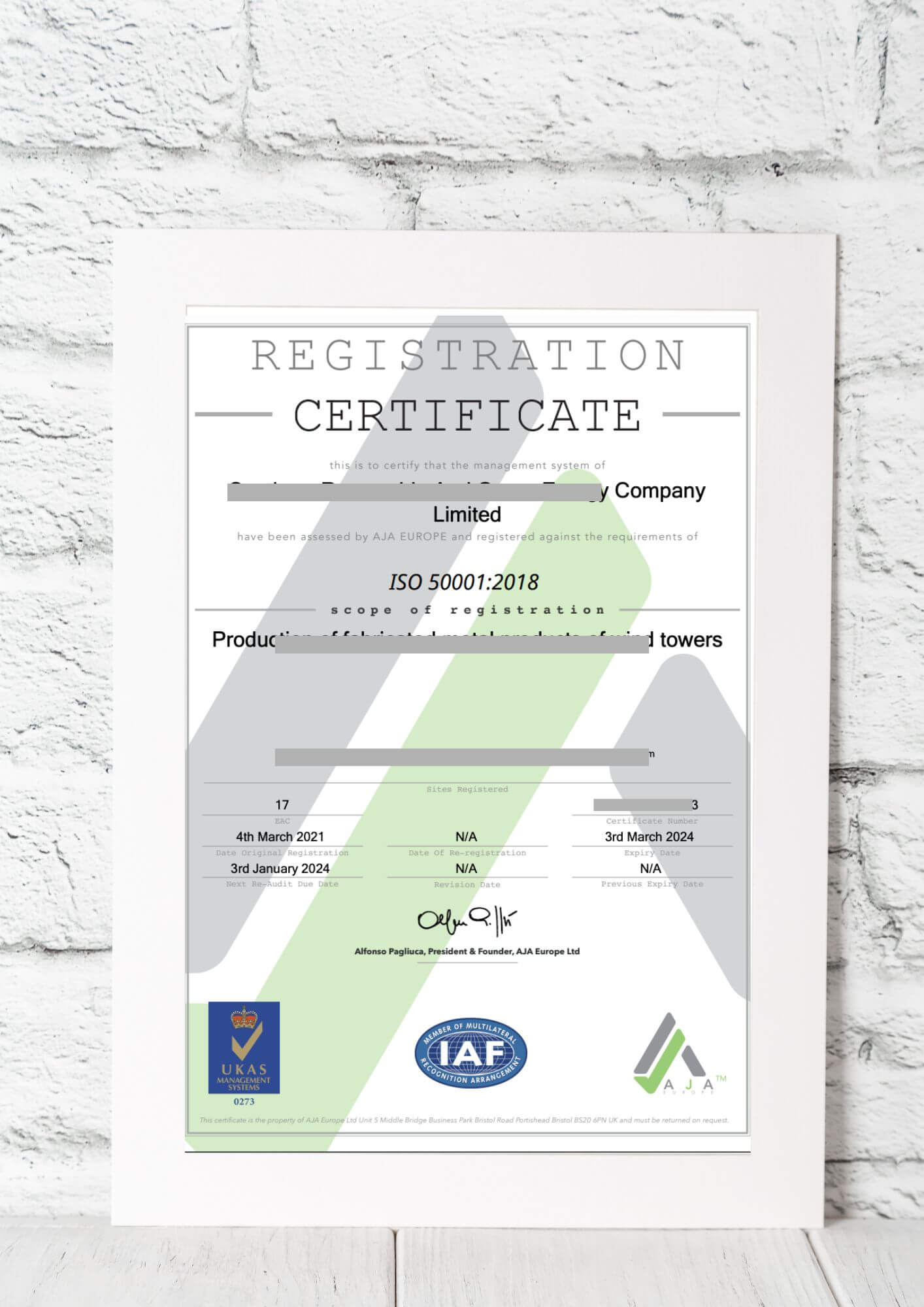 Mẫu giấy chứng nhận ISO 50001